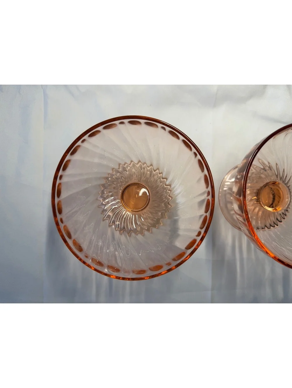 Pair Pink Depression Glass Spiral Optic Pedestal Candy Dishes Swirl Bowls 5”